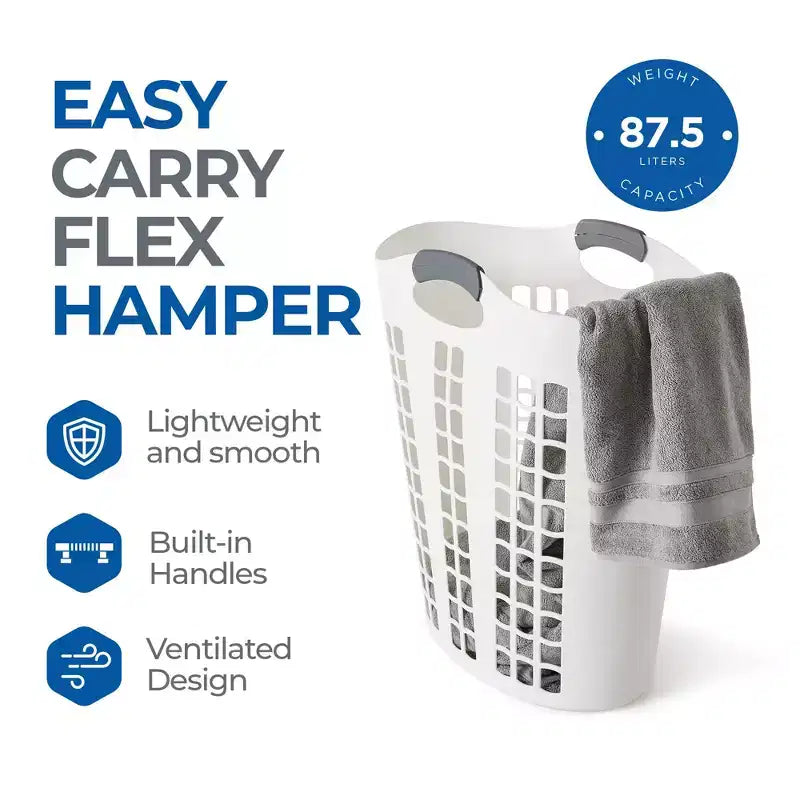 Gracious Living Easy Carry Flex Hamper, Large 87.5 Liter Lightweight Plastic Ventilated Laundry Basket Clothes Bin with Handles, White (5 Pack)
