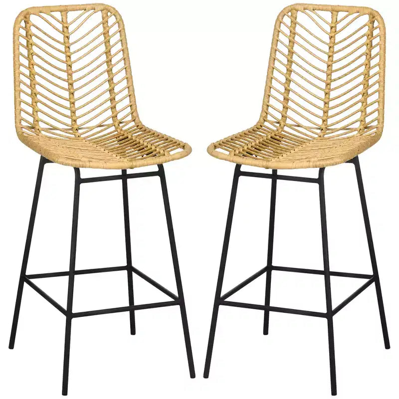 HOMCOM Modern Rattan Bar Stools Breathable Steel-Base Wicker Counter Height Barstools for Kitchen Counter