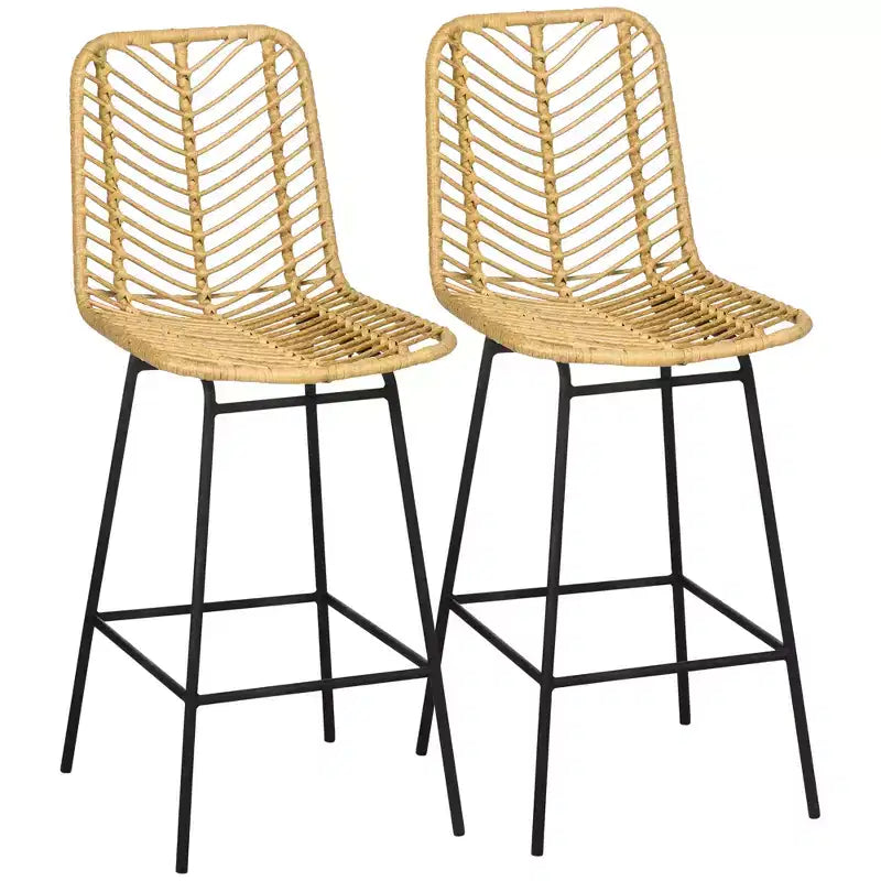 HOMCOM Modern Rattan Bar Stools Breathable Steel-Base Wicker Counter Height Barstools for Kitchen Counter
