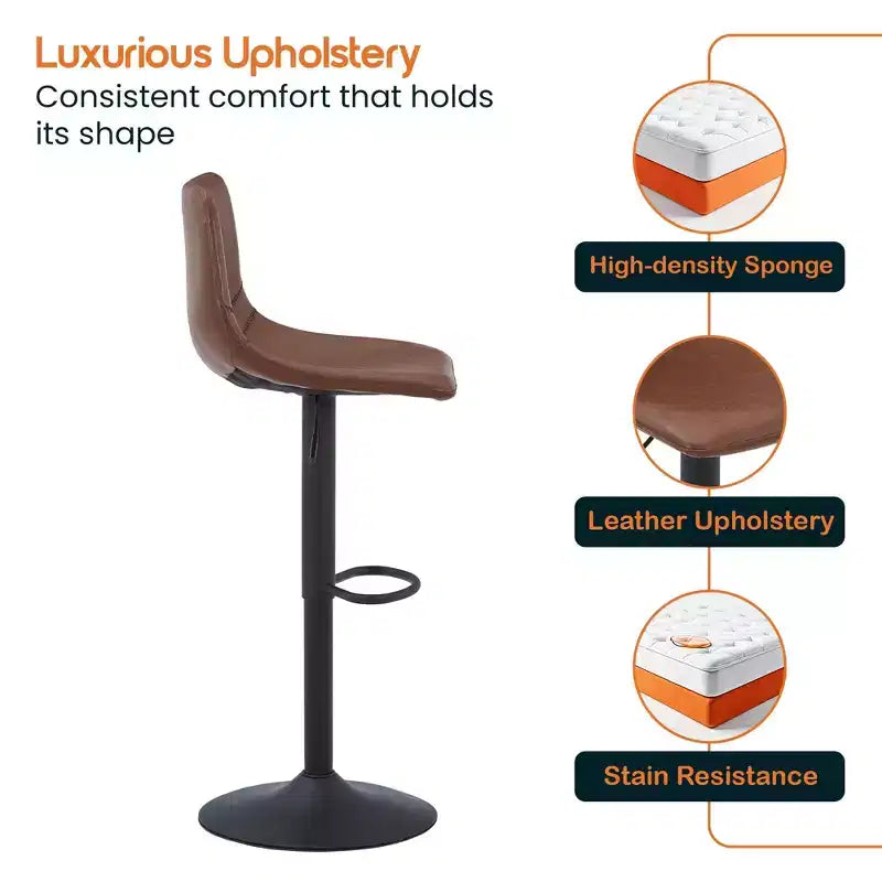 LeisureMod Tilbury Modern Adjustable Bar Stool Set of 2 with Footrest and Swivel, Counter Height Chairs for Kitchen Island, Breakfast Bar, or Home Bar