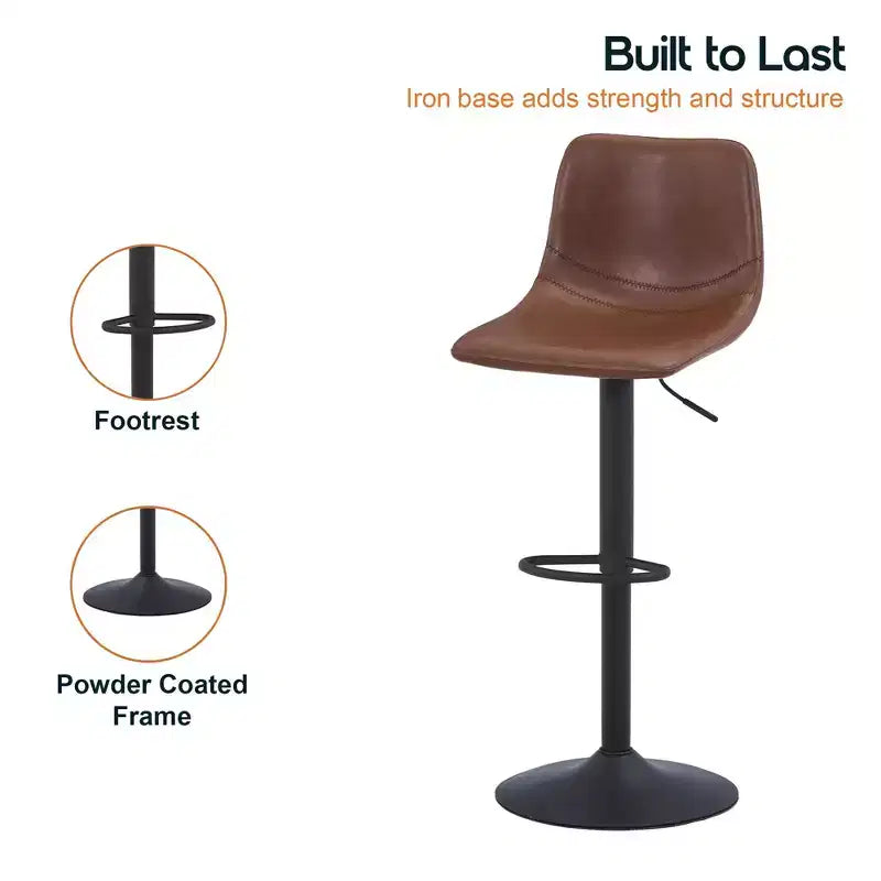 LeisureMod Tilbury Modern Adjustable Bar Stool Set of 2 with Footrest and Swivel, Counter Height Chairs for Kitchen Island, Breakfast Bar, or Home Bar