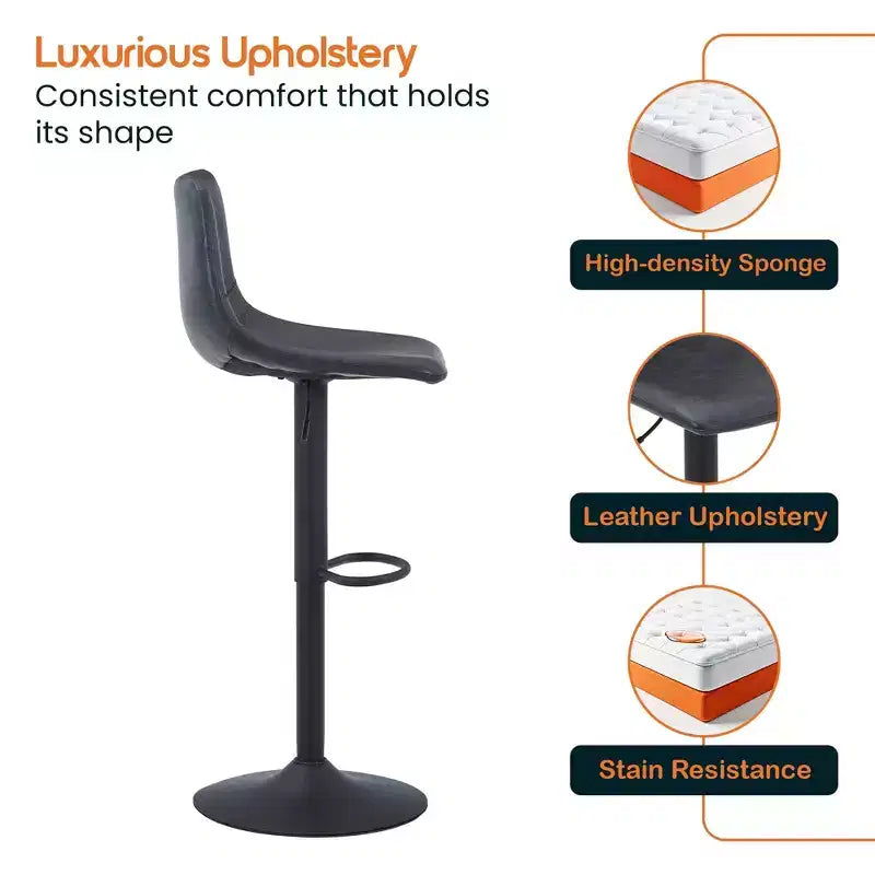 LeisureMod Tilbury Modern Adjustable Bar Stool Set of 2 with Footrest and Swivel, Counter Height Chairs for Kitchen Island, Breakfast Bar, or Home Bar
