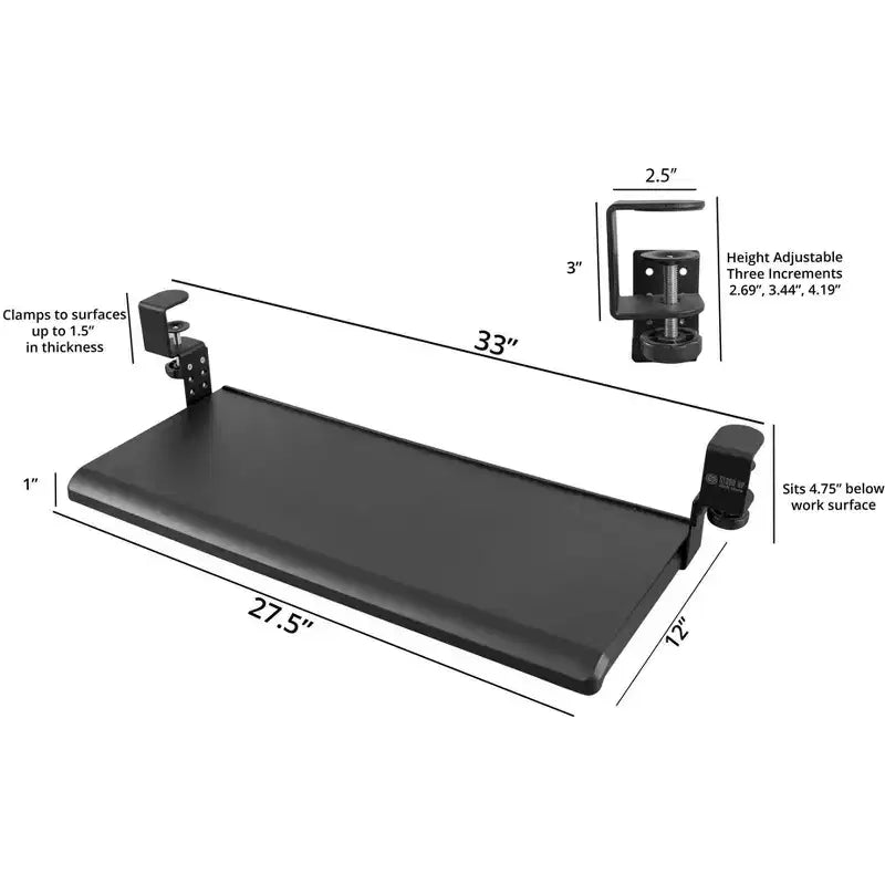 Stand Up Desk Store Large Clamp-On Retractable Adjustable Keyboard Tray | For Desktops Up To 1.5 Thick