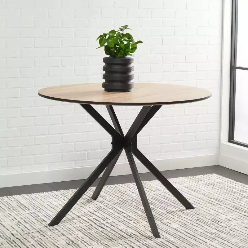 Mid-Century Modern Bistro Dining Table – Natural Wood Top & Black Angled Base
