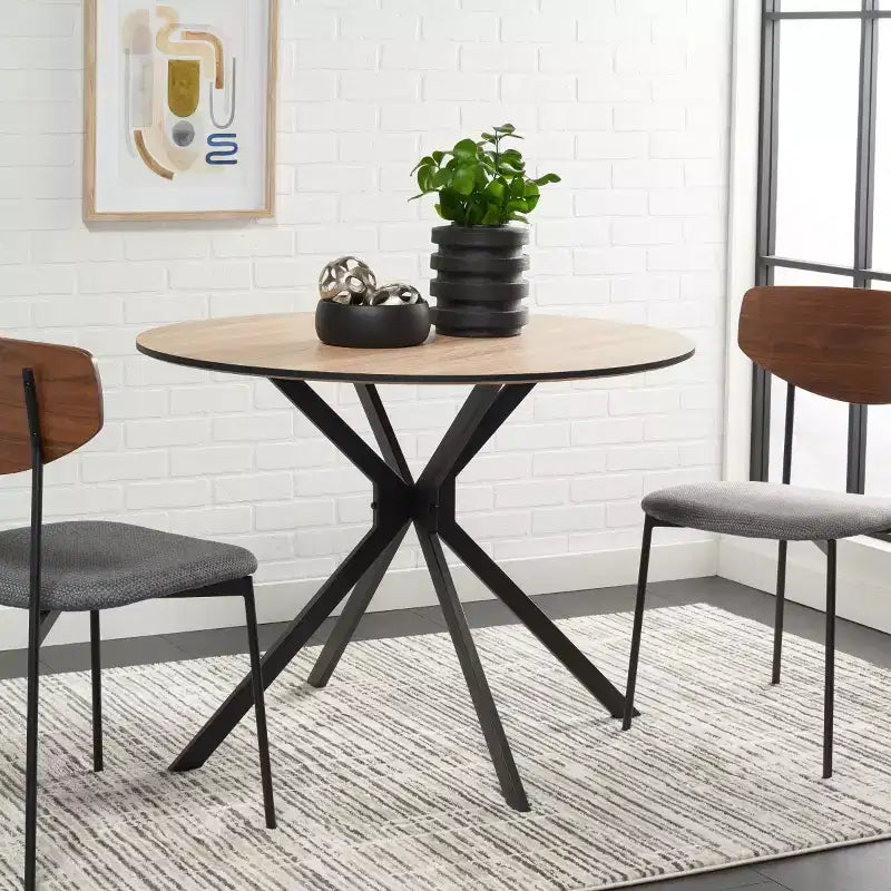 Mid-Century Modern Bistro Dining Table – Natural Wood Top & Black Angled Base