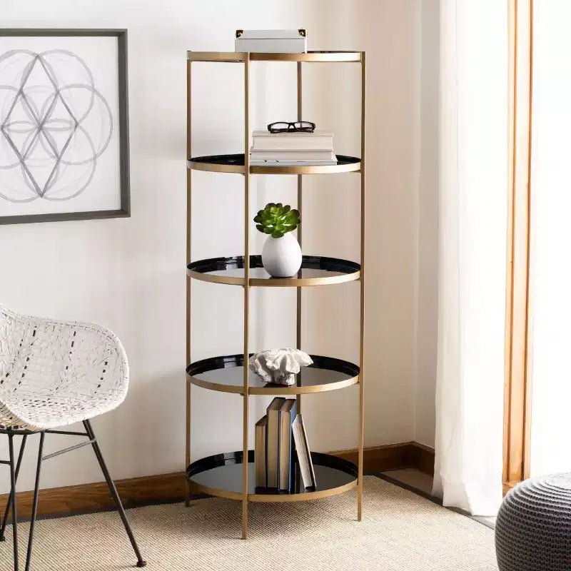 5-Tier Round Etagere Bookshelf – White Enamel & Brass Finish