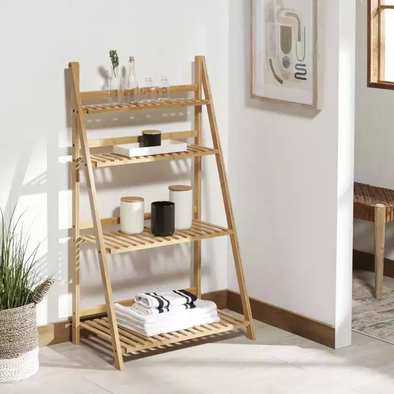 4-Tier Bamboo Ladder Bookshelf – Natural Finish, Open Back