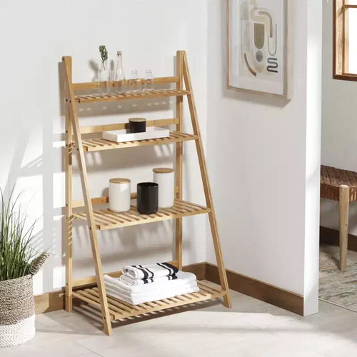 4-Tier Bamboo Ladder Bookshelf – Natural Finish, Open Back