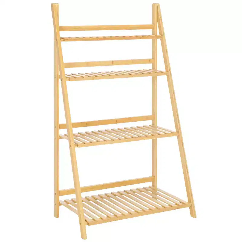 4-Tier Bamboo Ladder Bookshelf – Natural Finish, Open Back